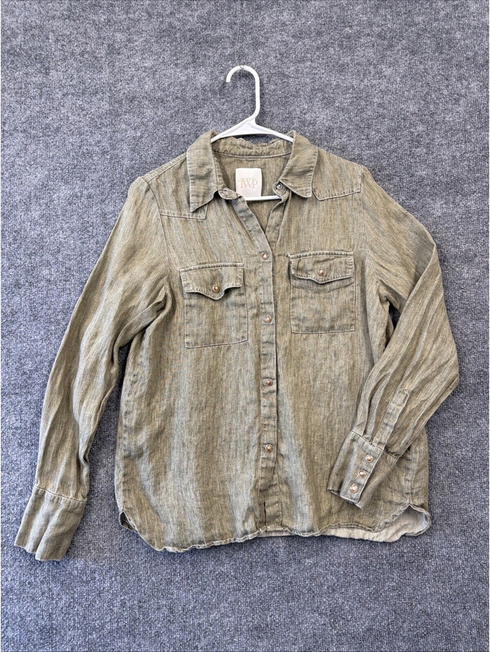 Trish Wescoat Pound Women’s Green Western Snap Blouse 100% Hemp Denim Medium